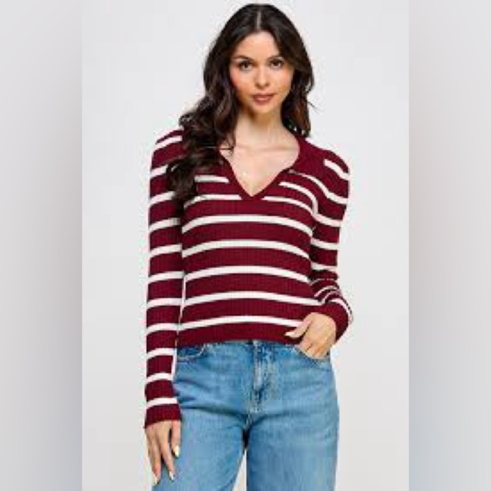 Milk & Honey Elegant Burgundy and White Striped V-Neck Sweater